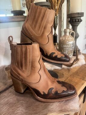 Freebird “Paula” Tan Leather Western Ankle Boot with Dark Brown Toe Accent
